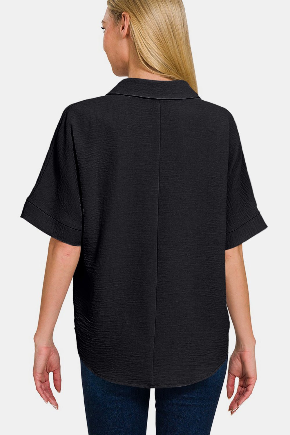 ZenanaTextured Collared Short Sleeve Top in Black