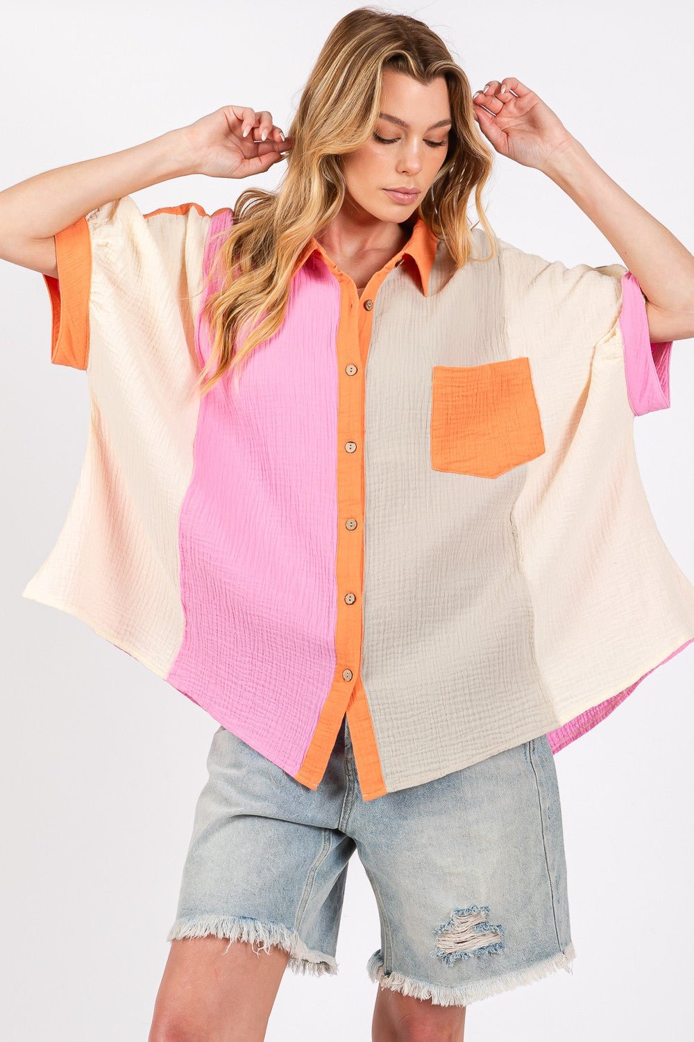 SAGE+FIGMulticolor Color Block Button - Down Shirt