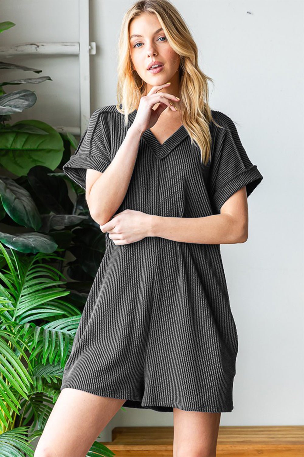 HeimishShort Sleeve Rib Knit Romper with Pockets in Charcoal