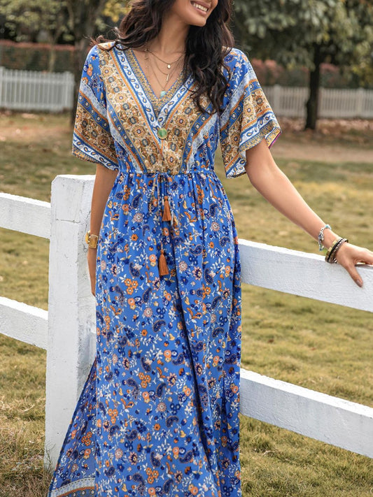 Beach Rose Co.Side Slit Printed V - Neck Half Sleeve Maxi Dress in Blue