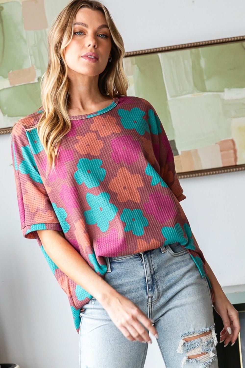 HOPELYFloral Crew Neck Tunic T - Shirt in Brick Magenta