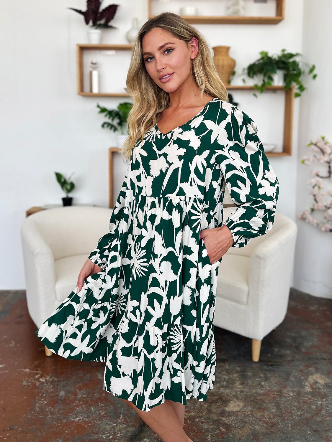 Double TakeFloral Print Ruffle Hem Long Sleeve Knee - Length Dress