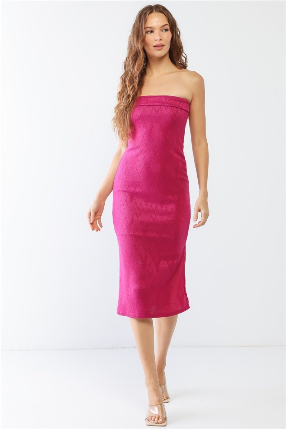 LE LISJacquard Print Strapless Midi Sheath Dress in Magenta