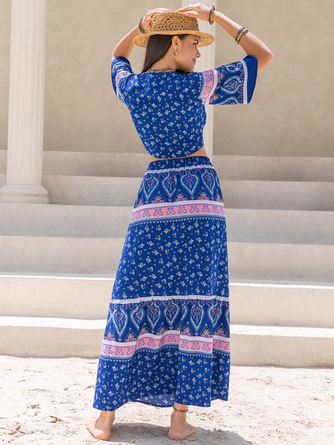 Beach Rose Co.Printed Flutter Sleeve Crop Top and Maxi Skirt Set in Dark Blue