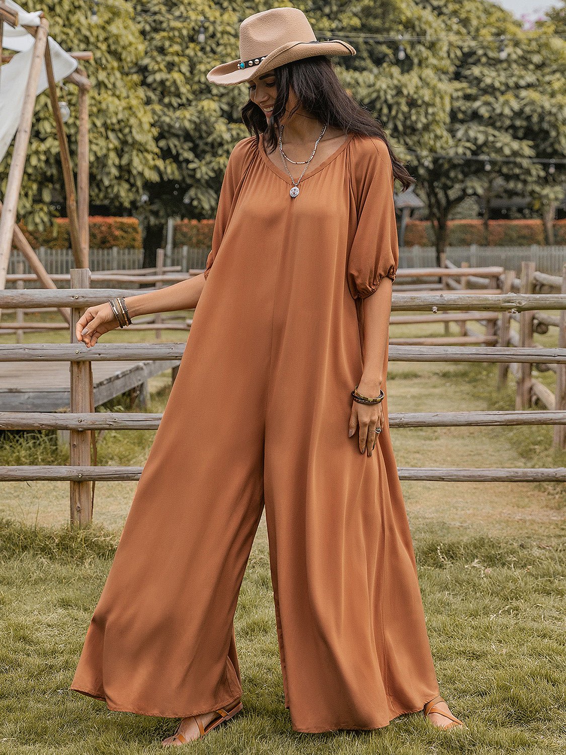 Beach Rose Co.Scoop Neck Half Sleeve Wide Leg Jumpsuit in Caramel