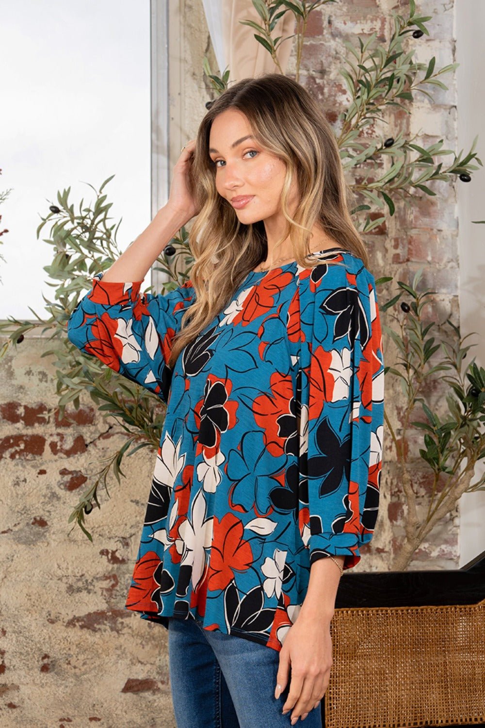 Sew In LovePrinted Boat Neck Blouse in Teal Rust