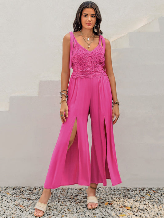 Beach Rose Co.V - Neck Wide Strap Front Slit Jumpsuit in Hot Pink