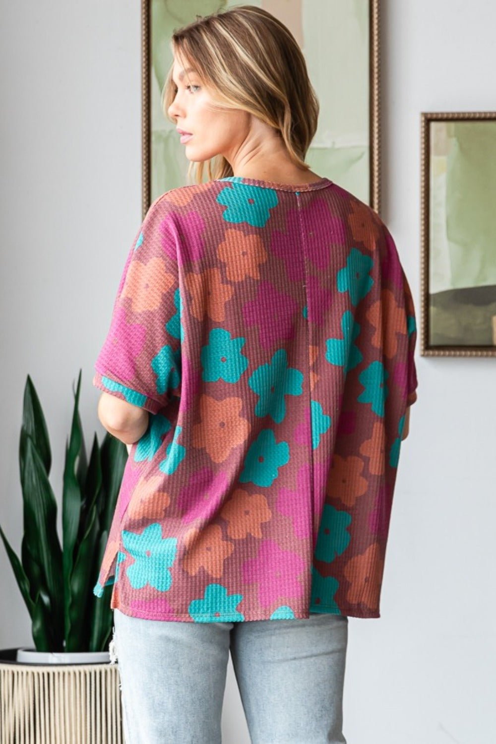 HOPELYFloral Crew Neck Tunic T - Shirt in Brick Magenta