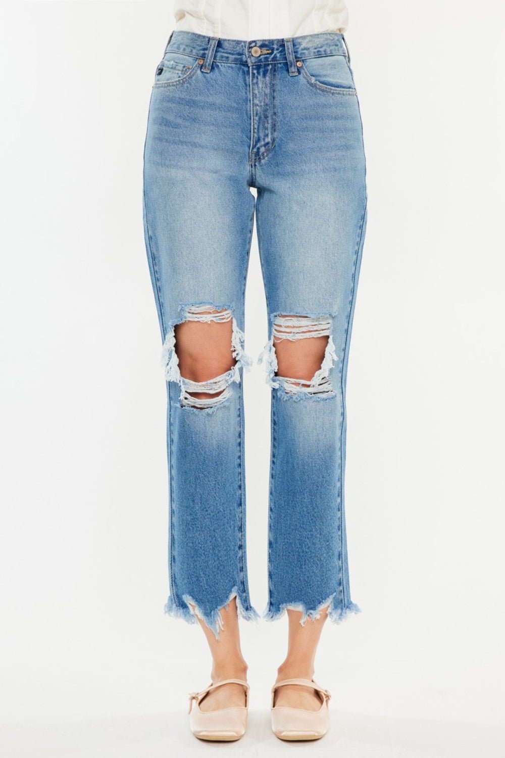 KancanMedium Wash Distressed Frayed Hem Cropped Jeans