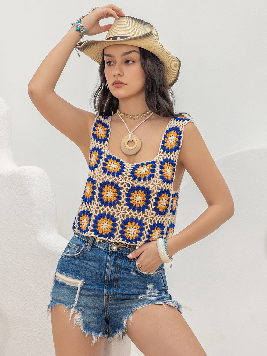 Beach Rose Co.Crochet Granny Square Crop Tank in Royal Blue