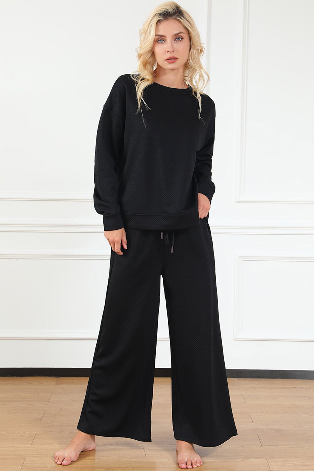 Double TakeTextured Long Sleeve Top and Drawstring Pants Set