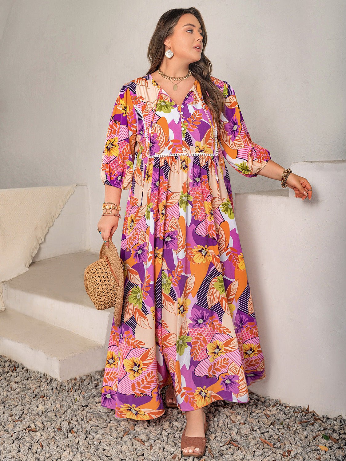 Beach Rose Co.Plus Size Tropical Print Tie Neck Maxi Dress