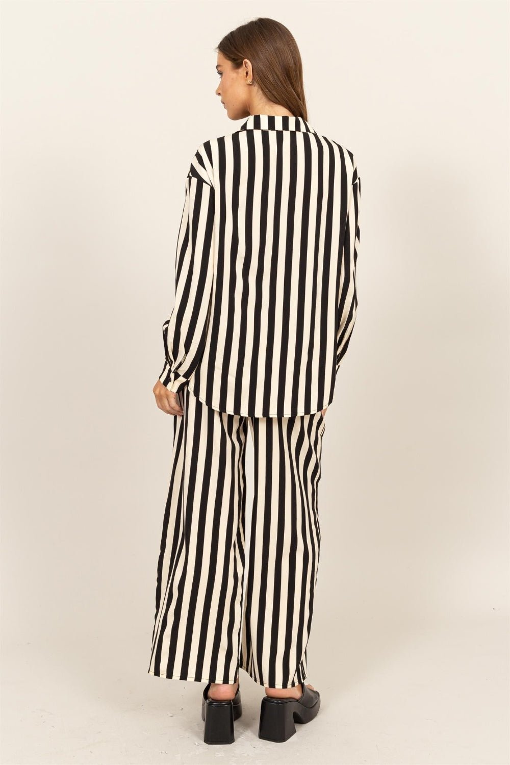 HYFVEBlack & Ivory Striped Button Up Shirt and Pants Set