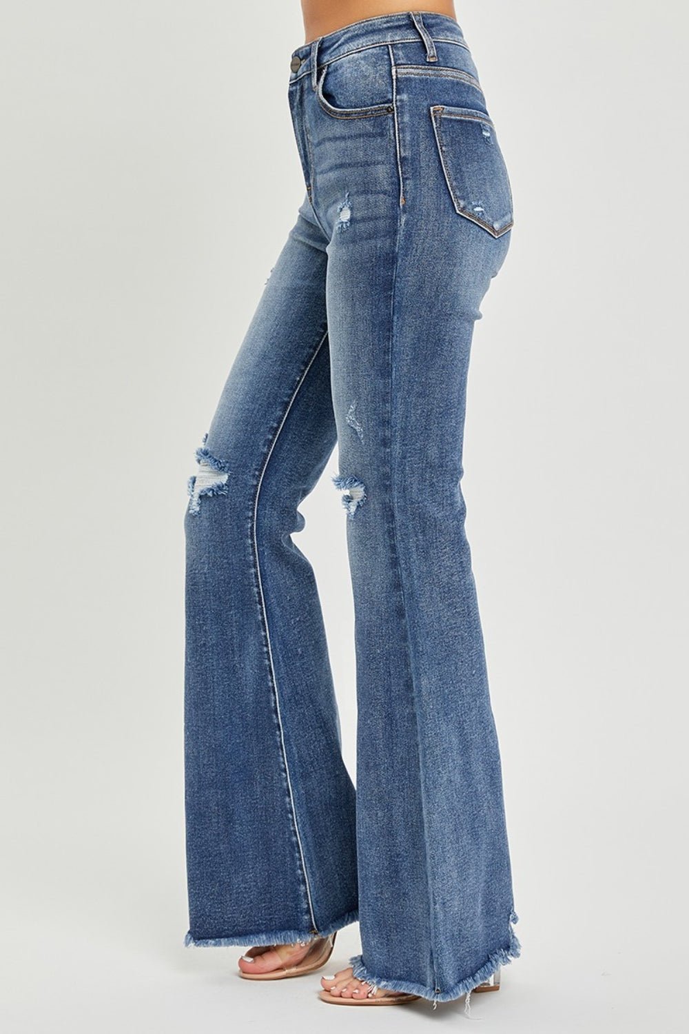 RISENMedium Wash High Waist Distressed Flare Jeans