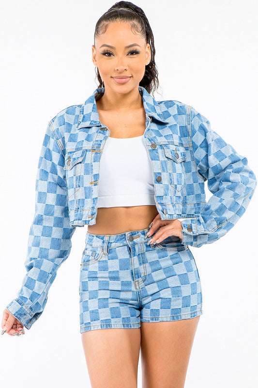 American BaziCheckered Long Sleeve Cropped Denim Jacket