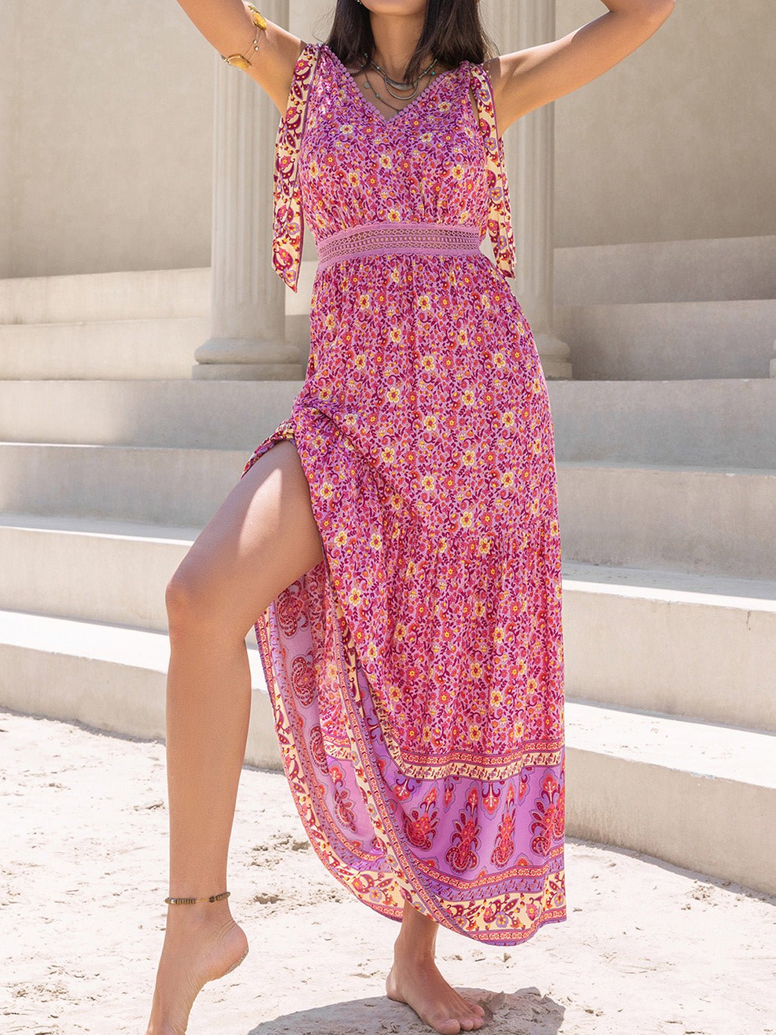 Beach Rose Co.Printed V - Neck Sleeveless Maxi Dress in Fuchsia Pink