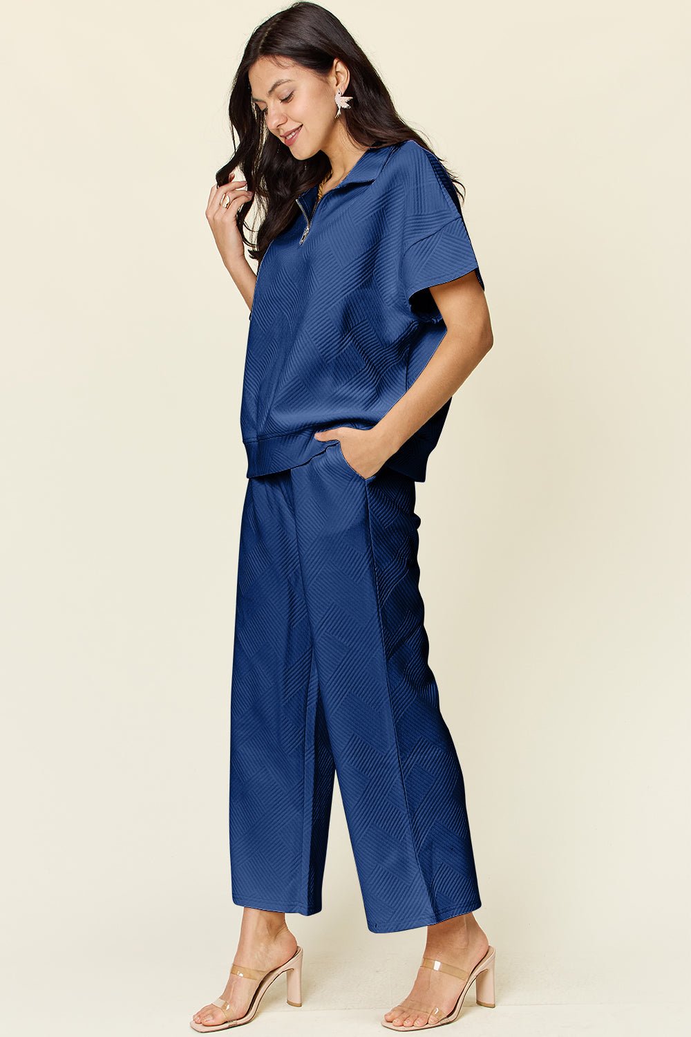 Double TakeTextured Half Zip Short Sleeve Top and Pants Set