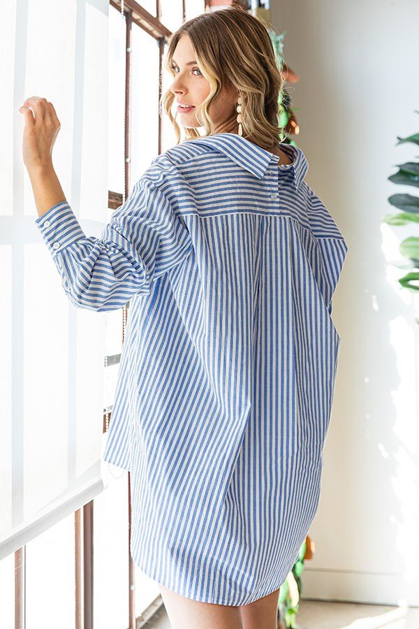 First LoveBlue Striped High - Low Hem Cotton Shirt