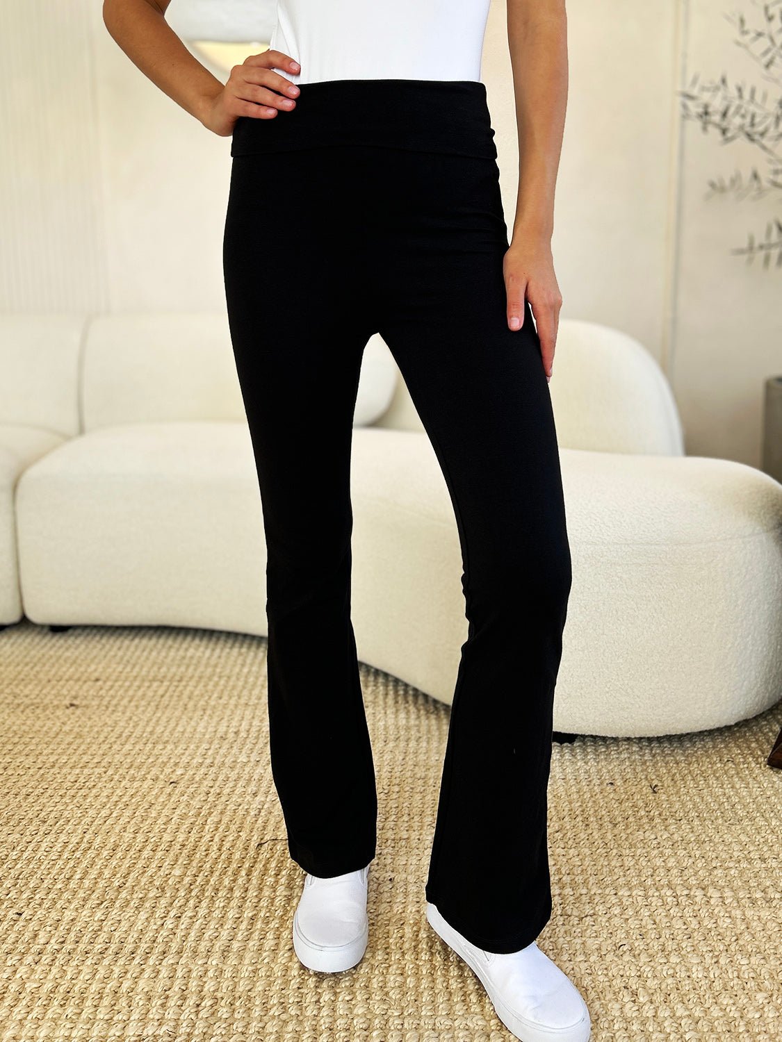 ZenanaHigh Waist Wide Waistband Bootcut Active Pants in Black