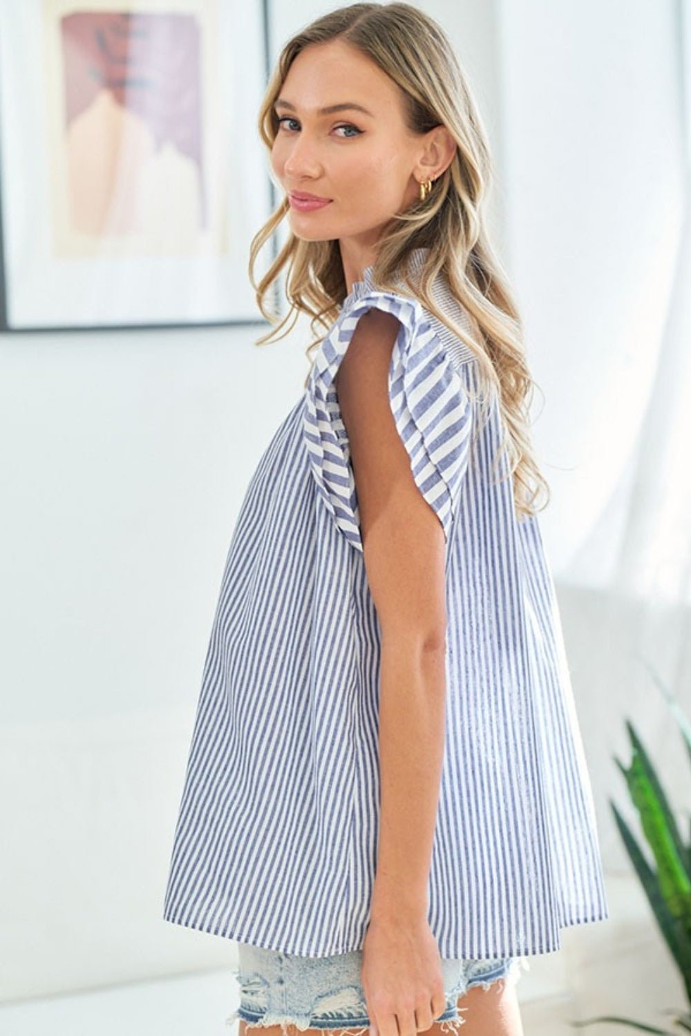 First LoveStriped Flutter Sleeve Blouse in Blue