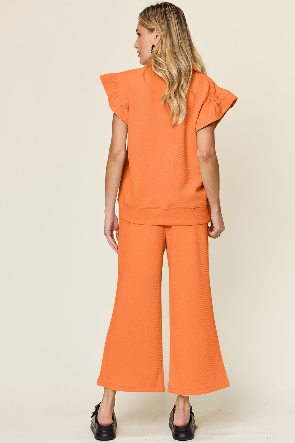 Double TakeTextured Ruffle Short Sleeve Top and Drawstring Wide Leg Pants Set