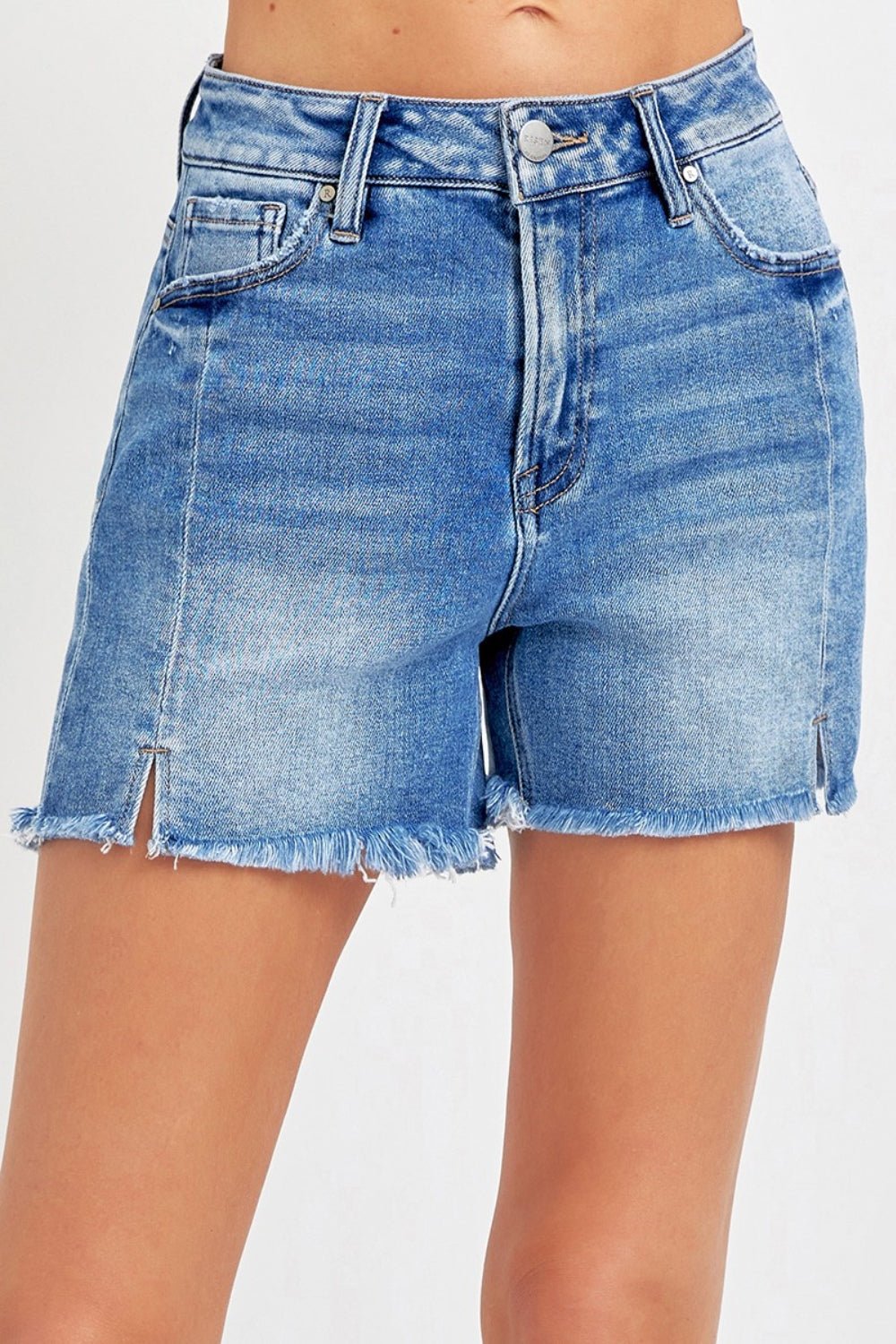 RISENMedium Wash Raw Hem Denim Shorts