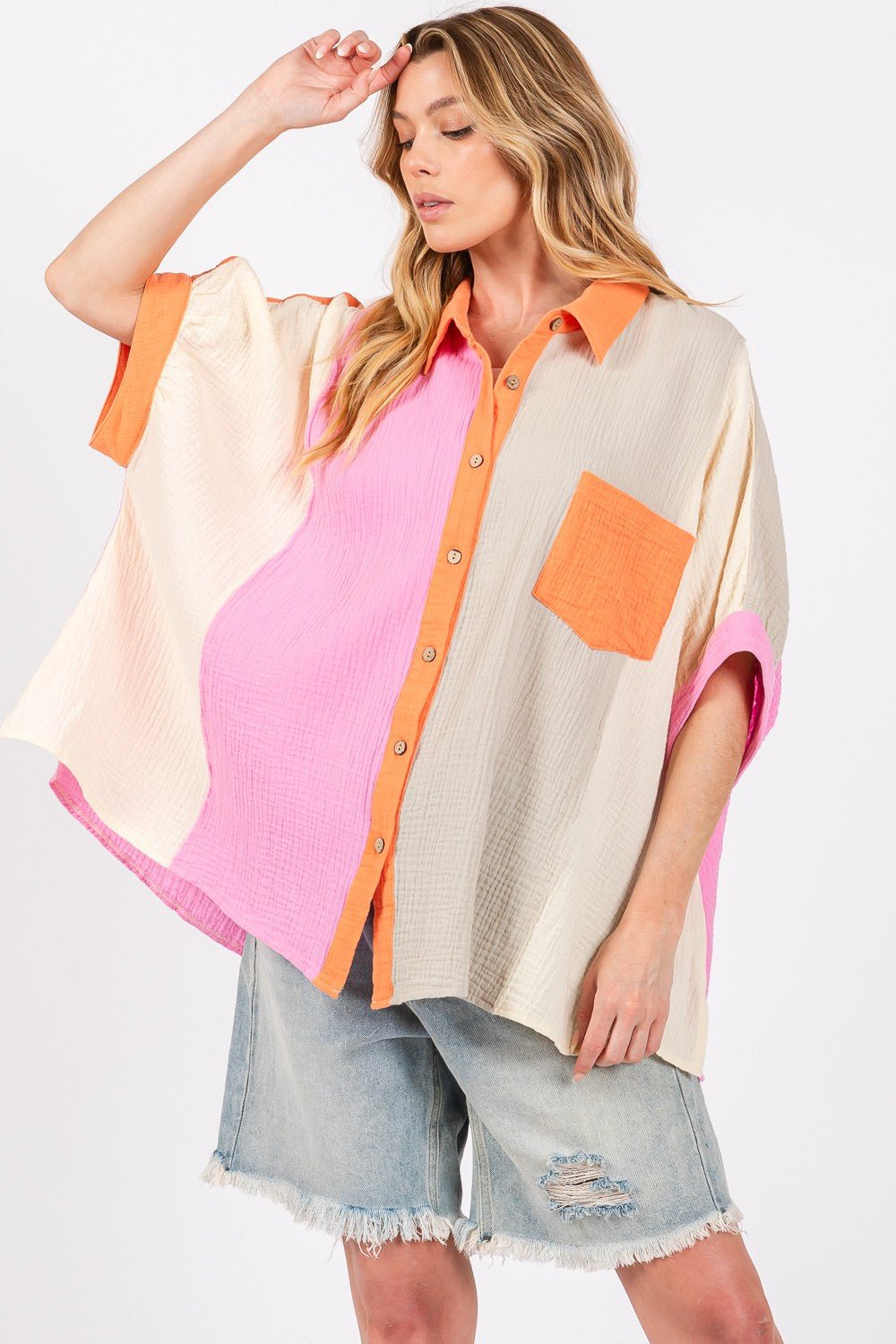 SAGE+FIGMulticolor Color Block Button - Down Shirt