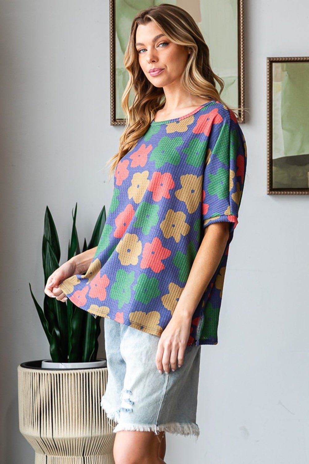 HOPELYFloral Crew Neck Tunic T - Shirt in Navy Green