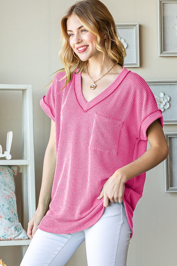 HeimishShort Sleeve V - Neck Rib Knit Top in Hot Pink