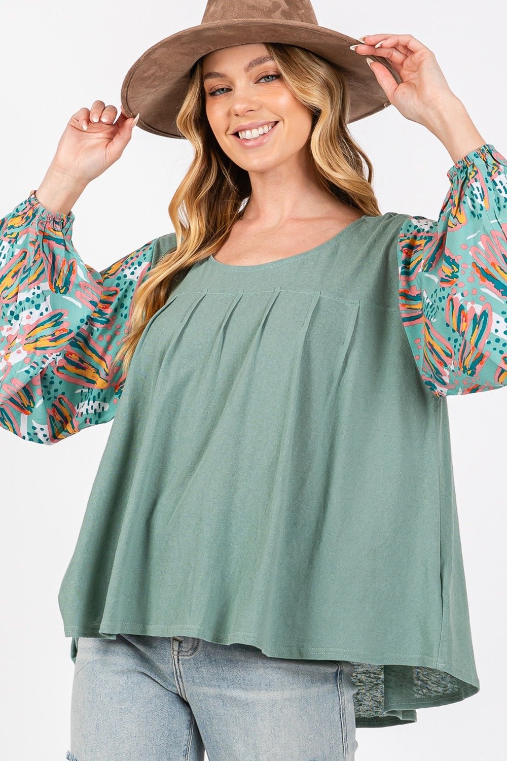 SAGE+FIGPleated Babydoll Printed Bubble Sleeve Top in Sage