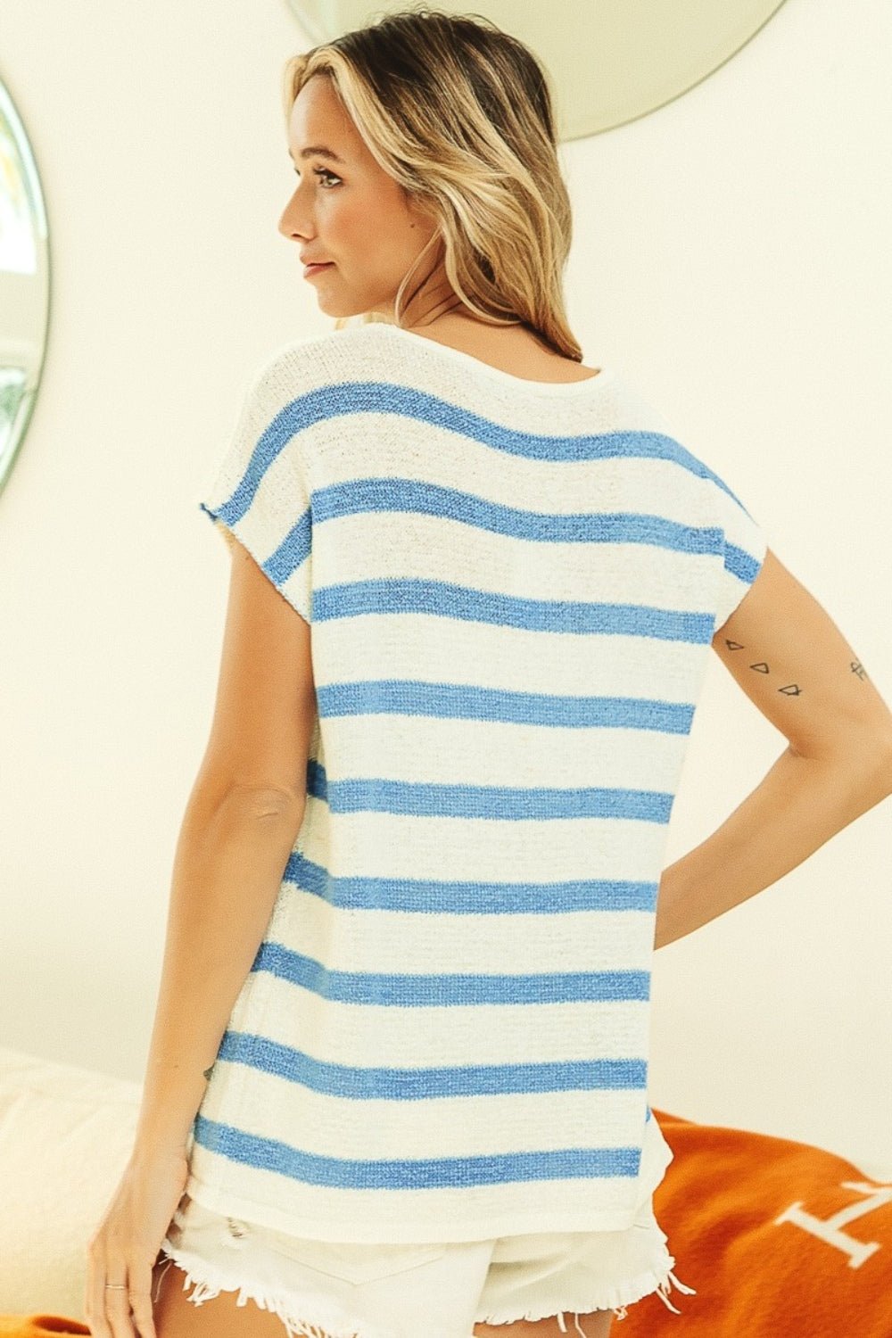 BiBiStriped Short Sleeve Knit Top in Ivory Denim Blue