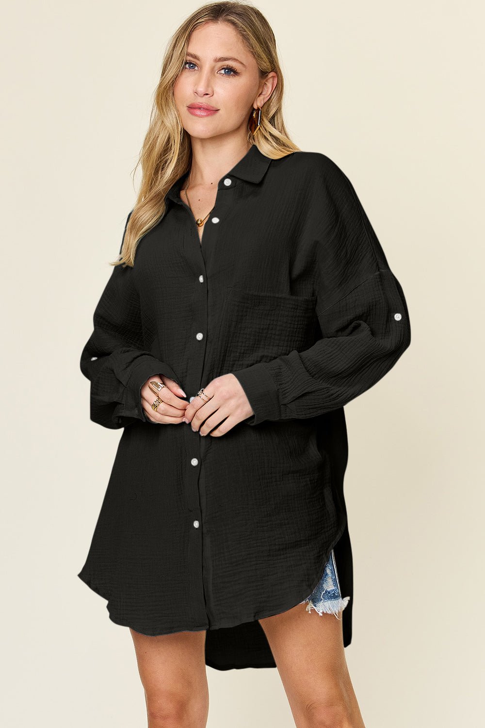 Double TakeTextured Button Up Cotton Shirt