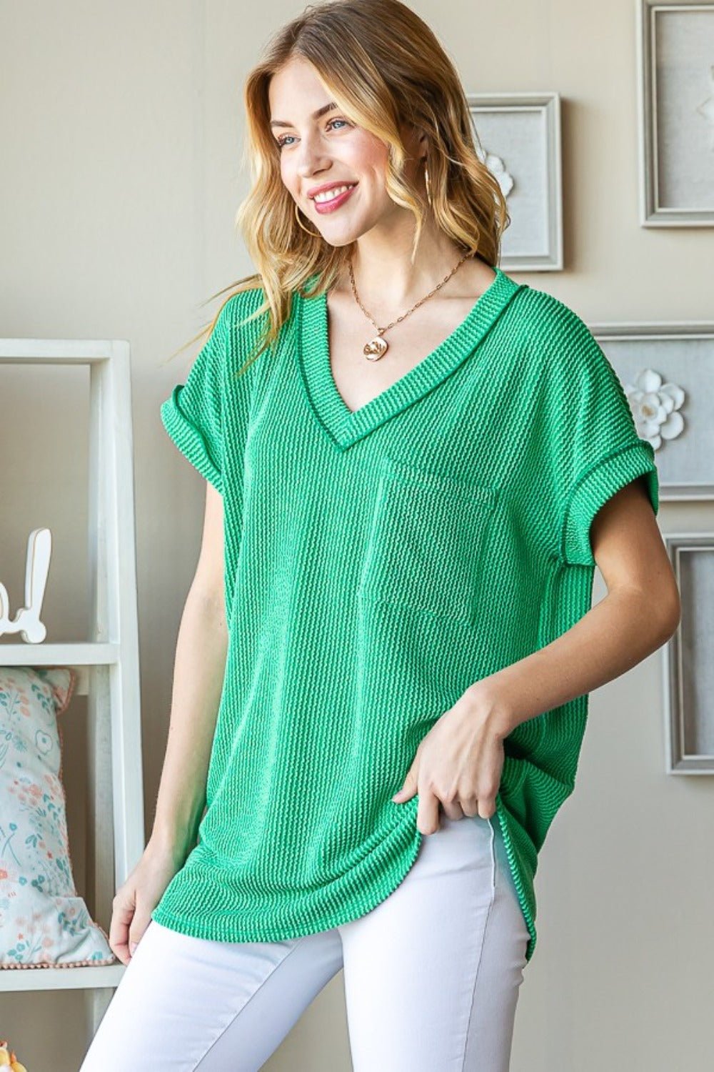 HeimishShort Sleeve V - Neck Rib Knit Top in Kelly Green