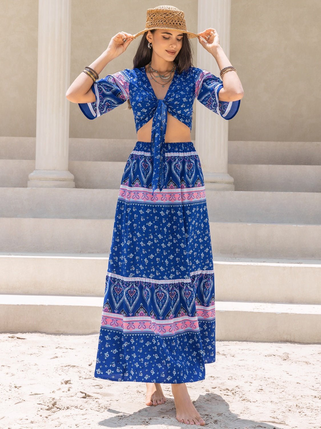 Beach Rose Co.Printed Flutter Sleeve Crop Top and Maxi Skirt Set in Dark Blue