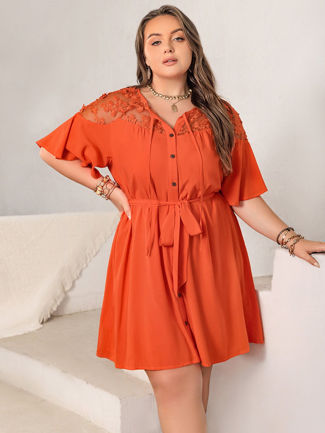 Beach Rose Co.Plus Size Lace Detail Button Up Half Sleeve Mini Dress in Orange