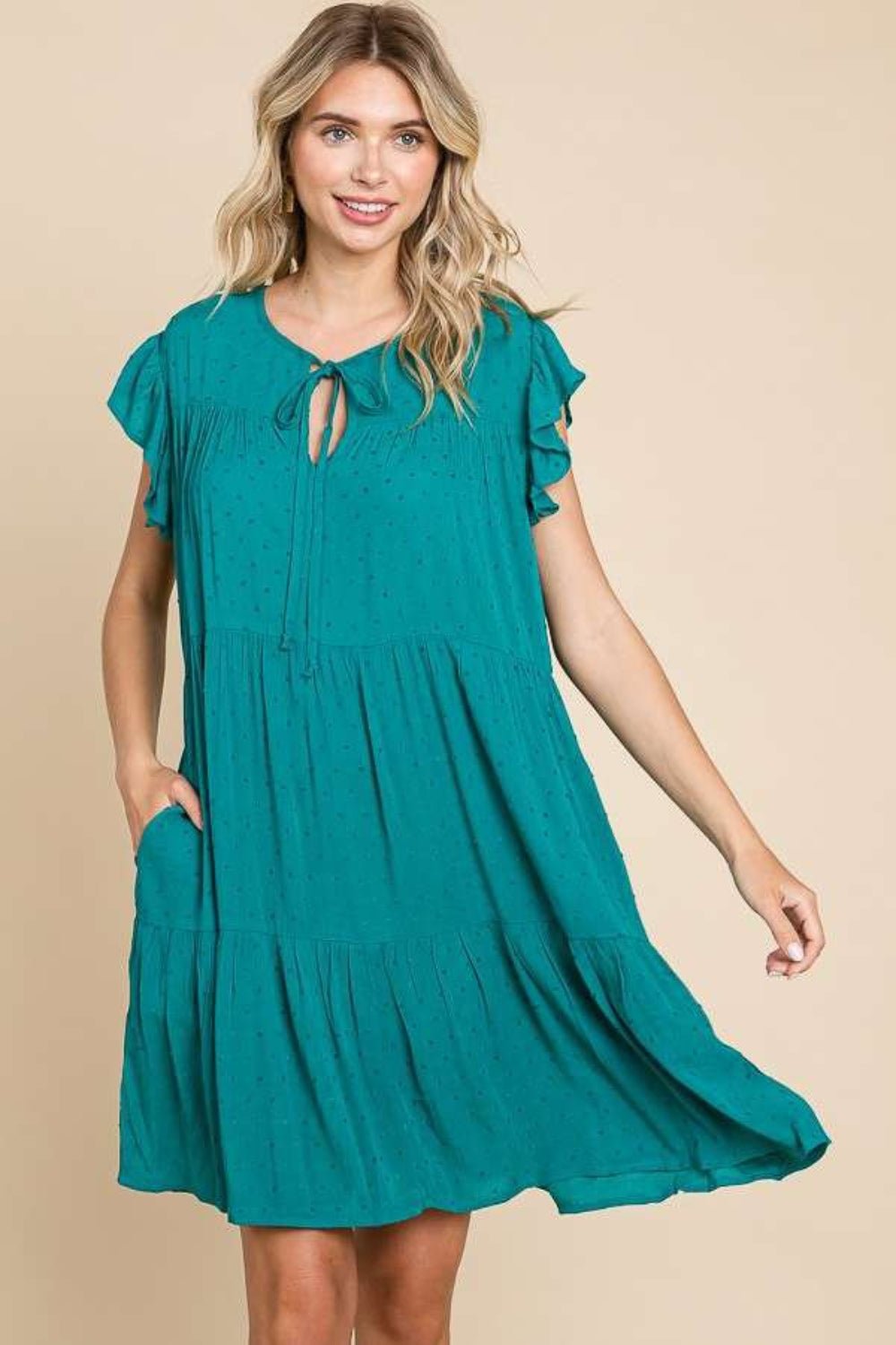 Culture CodeRuffle Cap Sleeve Tiered Mini Dress in Lotus Green