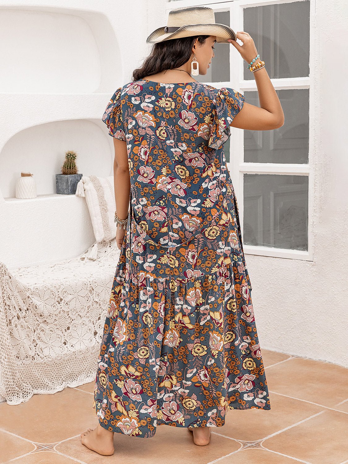 Beach Rose Co.Plus Size Ruffled Sleeve Floral Print Maxi Dress