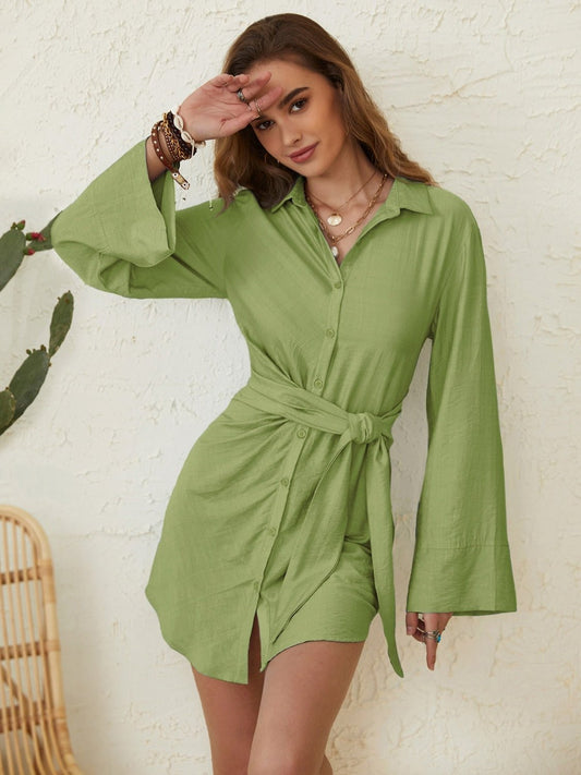 Beach Rose Co.Long Sleeve Mini Shirt Dress in Matcha Green