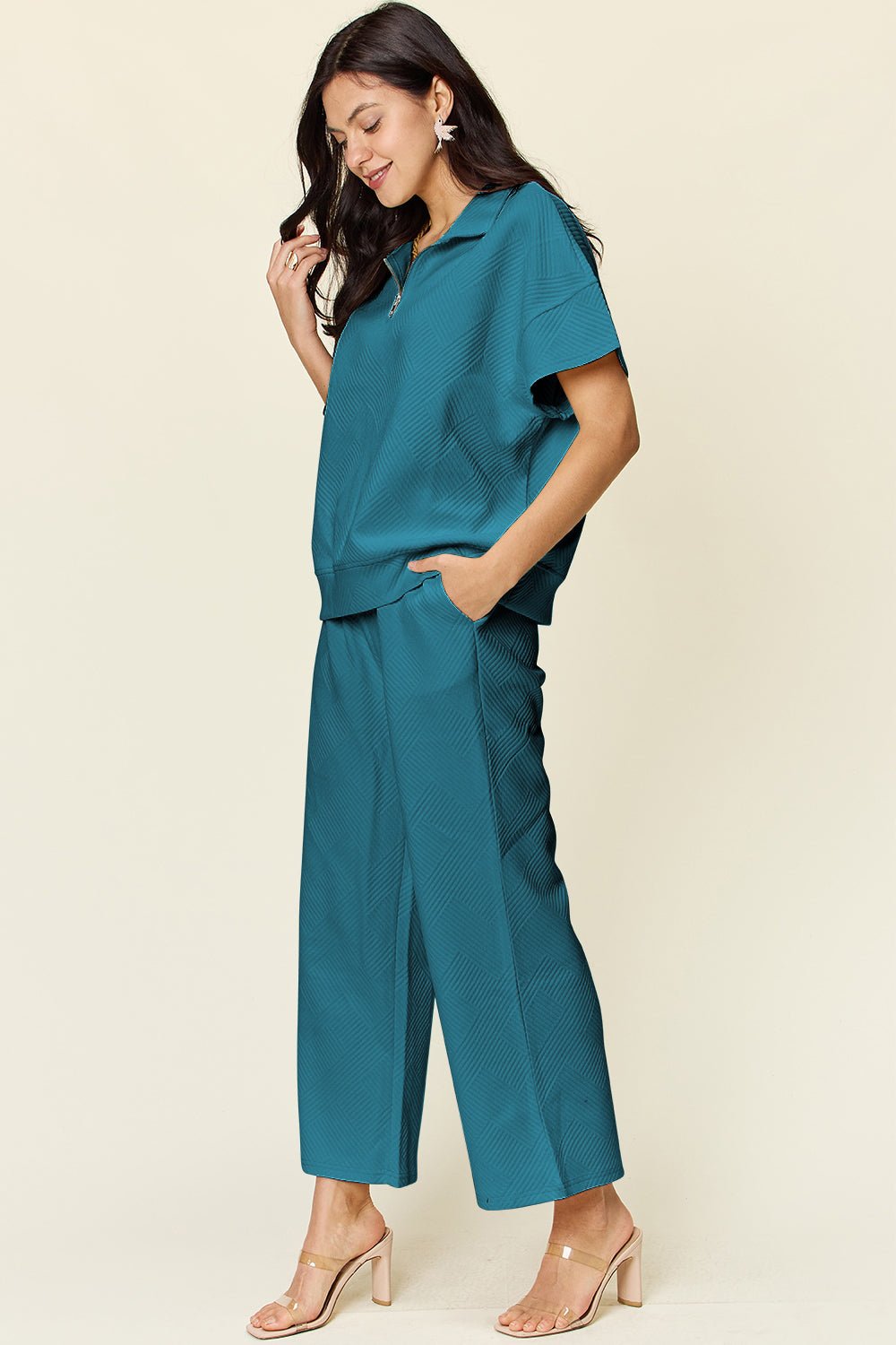 Double TakeTextured Half Zip Short Sleeve Top and Pants Set