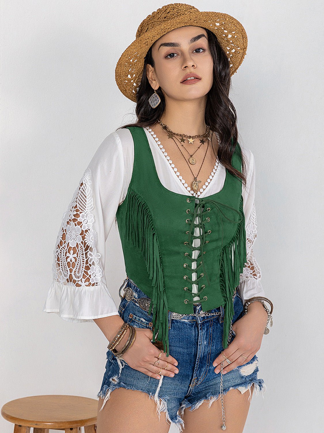 Beach Rose Co.Lace - Up Sleeveless Fringe Vest in Dark Green