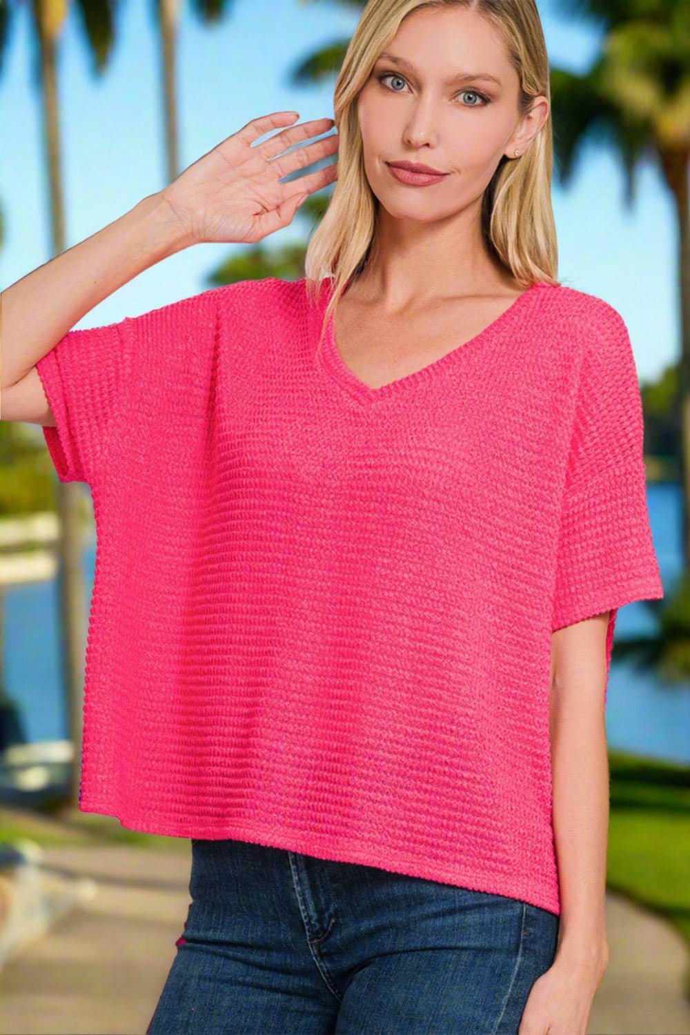 ZenanaDrop Shoulder Short Sleeve Waffle Knit Top in Fuchsia