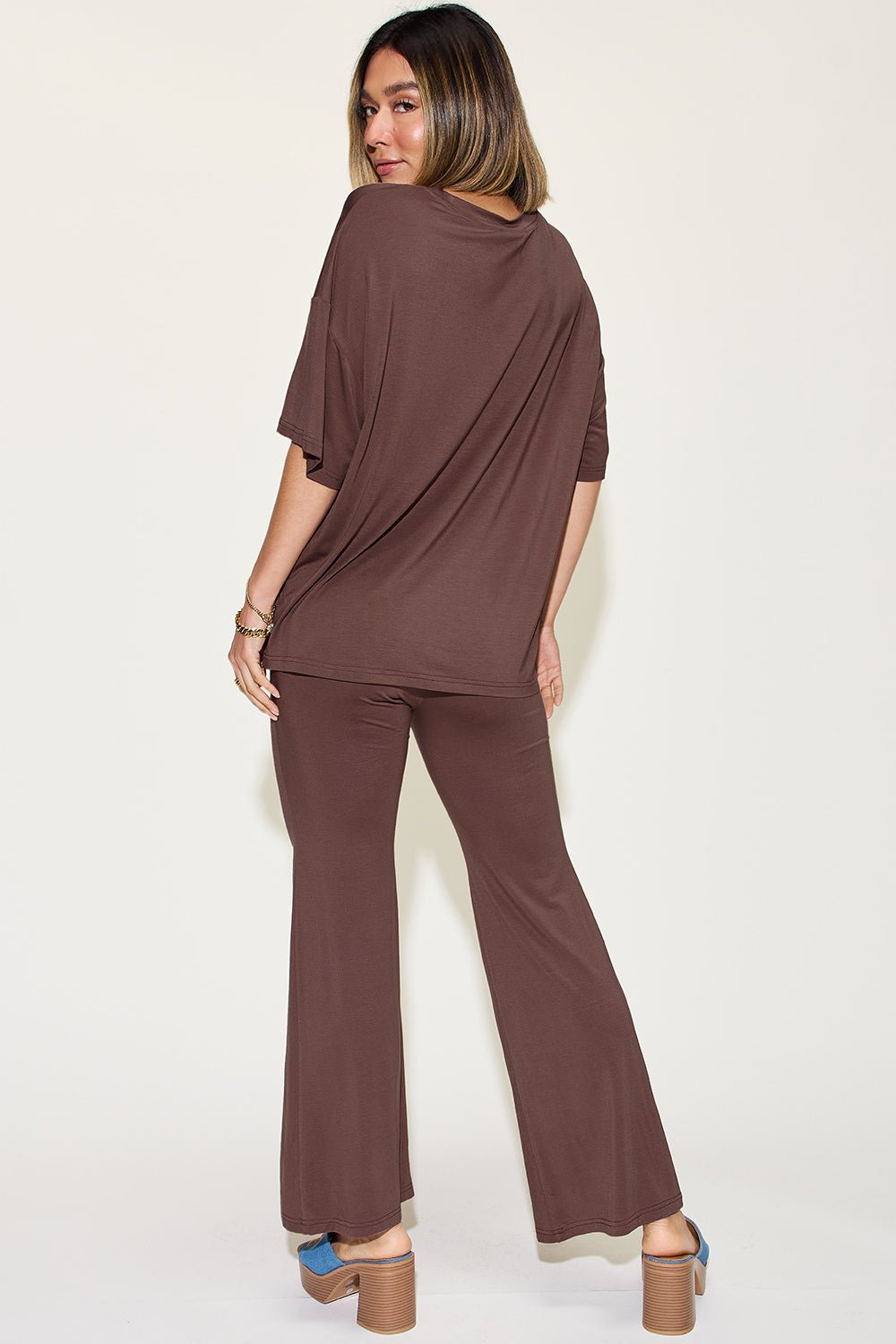 Basic BaeDrop Shoulder T - Shirt and Flare Pants Set