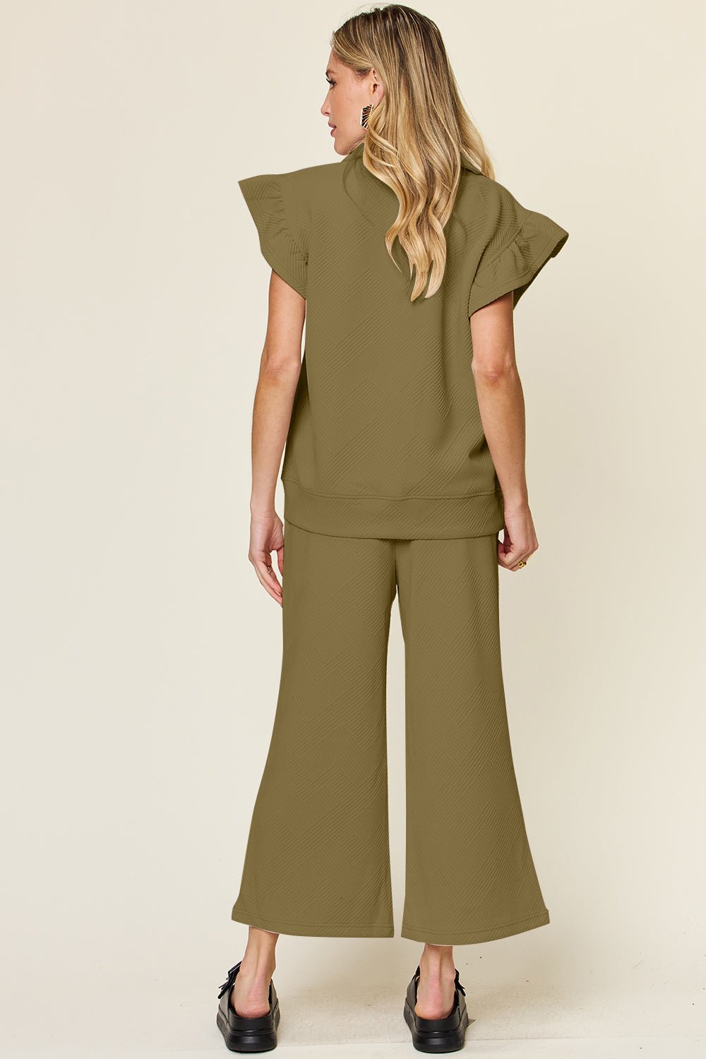 Double TakeTextured Ruffle Short Sleeve Top and Drawstring Wide Leg Pants Set