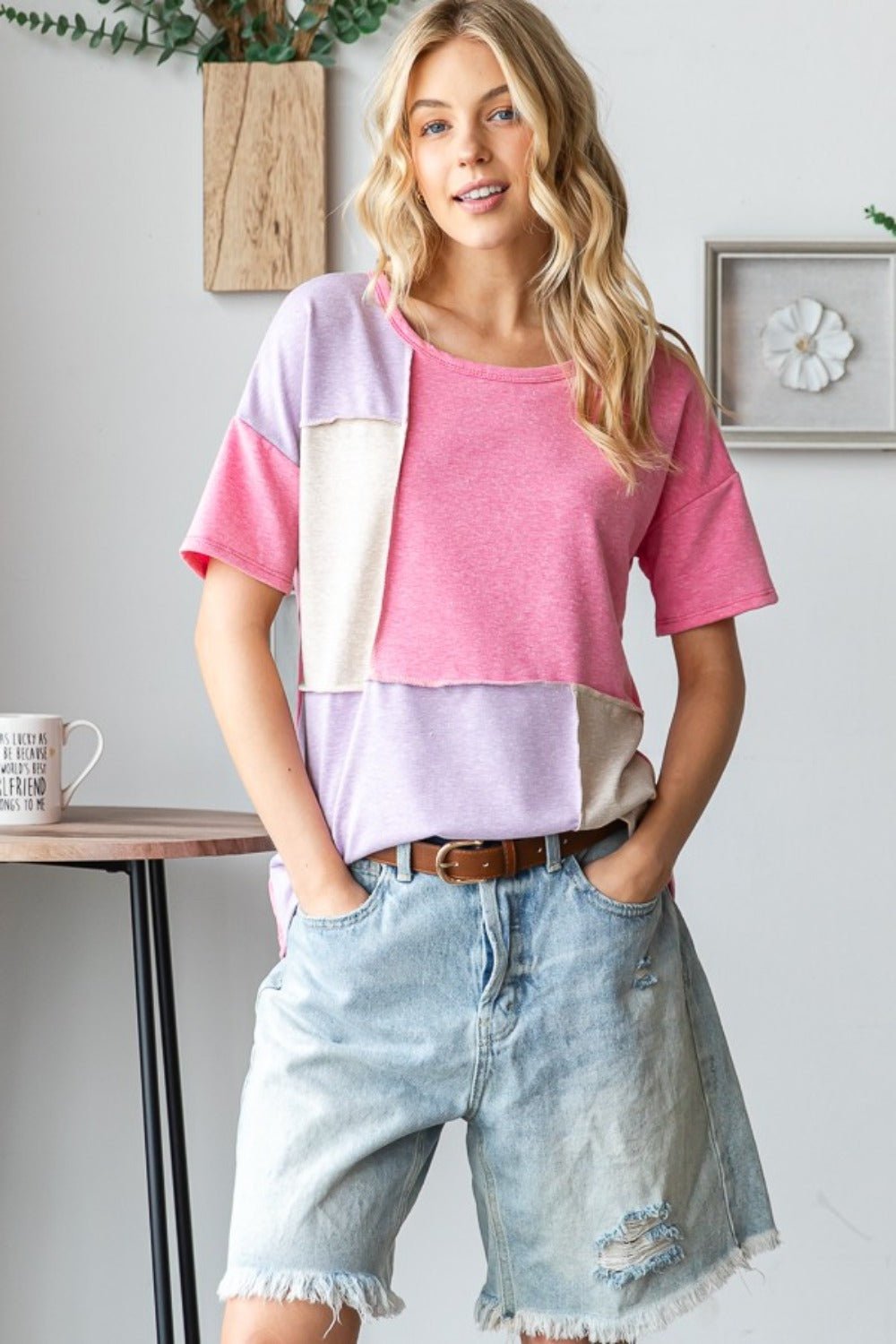 HOPELYColor Block Exposed Seam T - Shirt in Pink