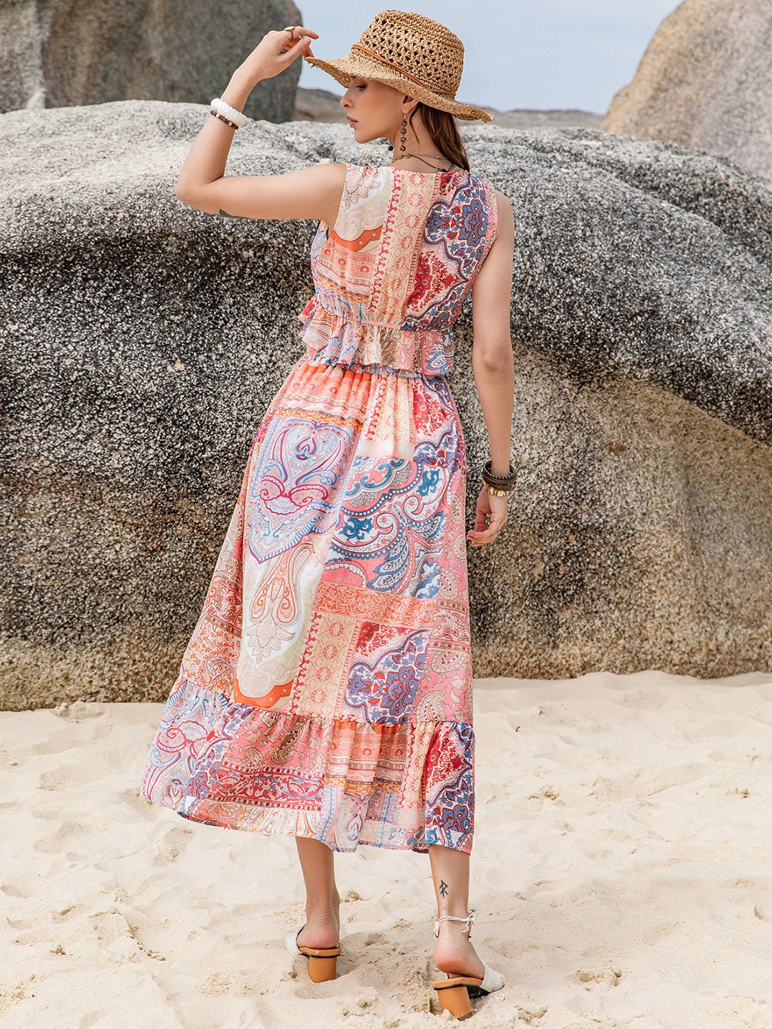 Beach Rose Co.Bohemian Print Sleeveless Crop Top and Midi Skirt Set in Blush Pink