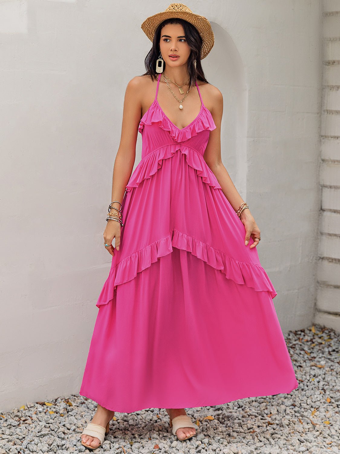 Beach Rose Co.Ruffled Halter Neck Sleeveless Maxi Dress in Hot Pink