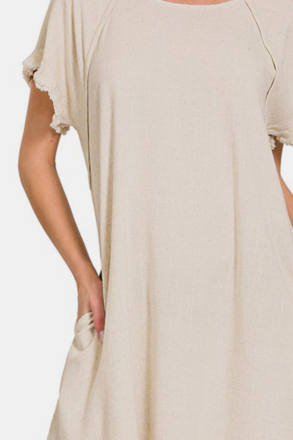 ZenanaFringe Edge High Low Flowy Mini Dress with Pockets in Beige