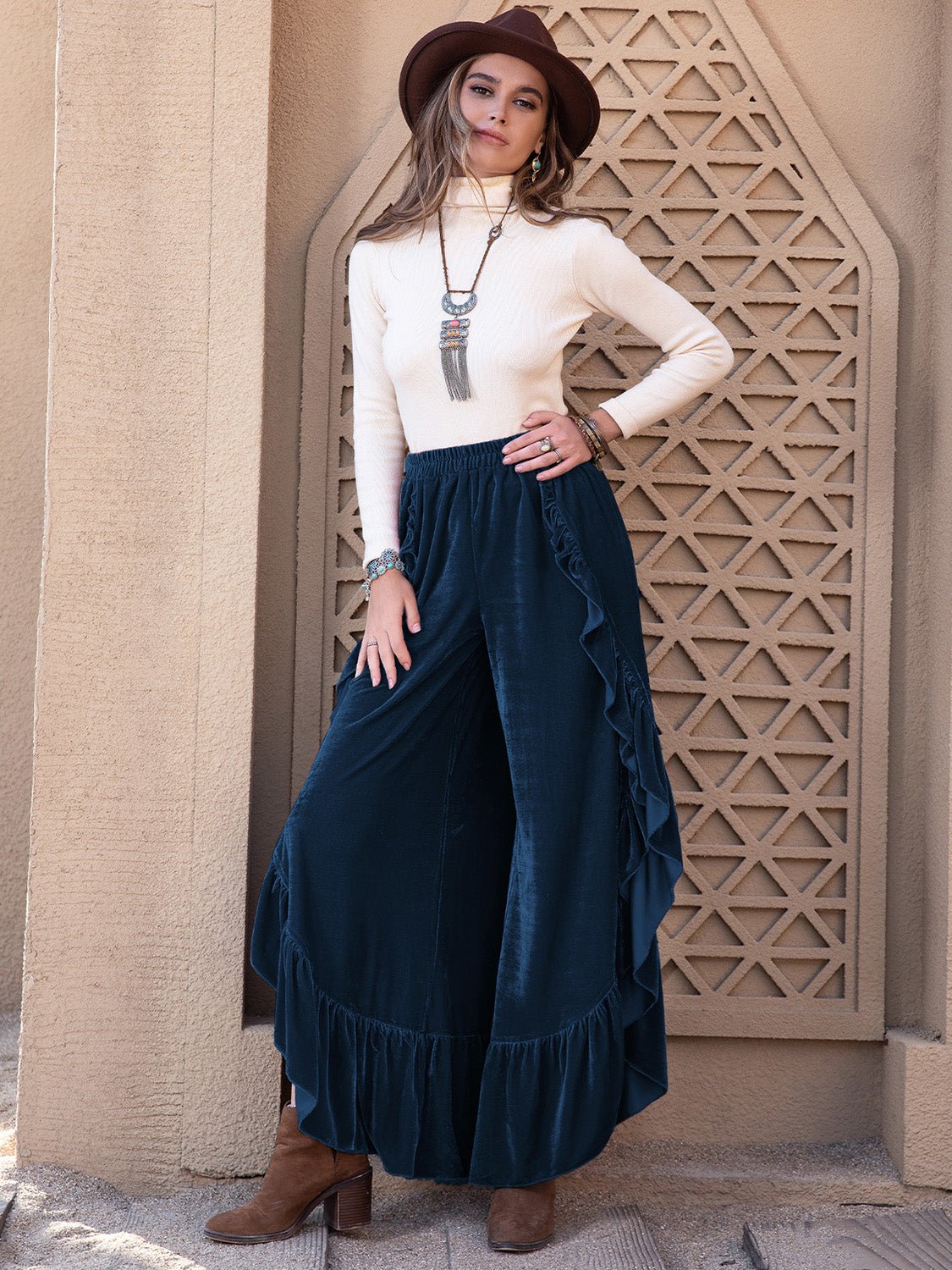 Beach Rose Co.High Side Slit Ruffled Wide Leg Velvet Pants