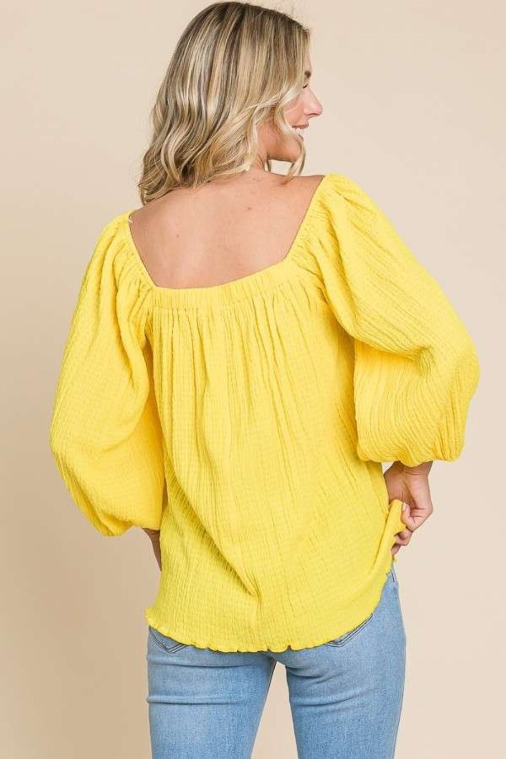 Culture CodeTextured Square Neck Puff Sleeve Top in Lemonade