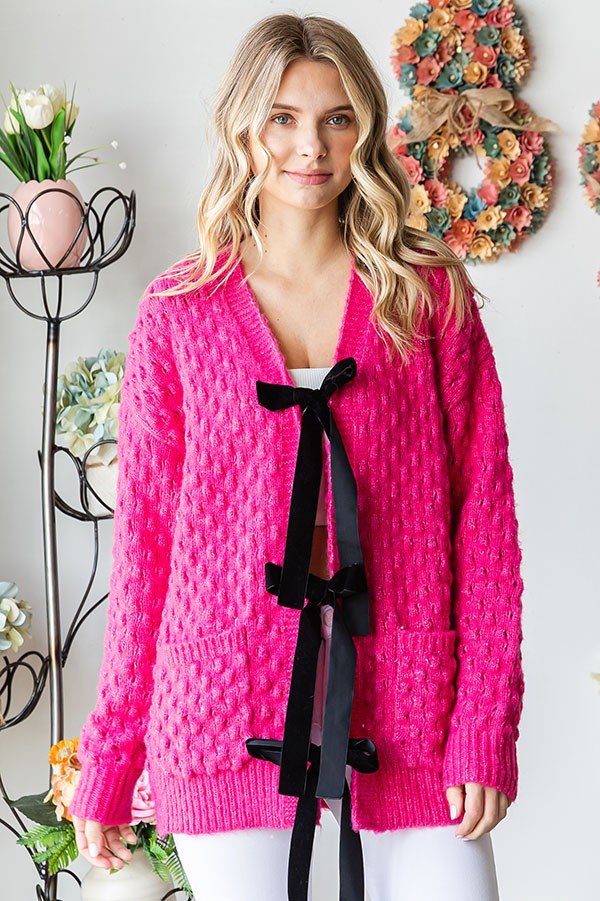 First LoveTie Closure Open Knit Cardigan in Deep Rose